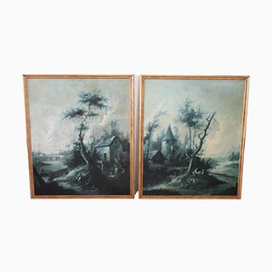Large Monochrome Landscapes, 18th Century, Oil on Canvas Paintings, Framed, Set of 2