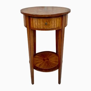 French Round Side Table in Walnut and Marquetry, 1940s