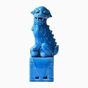 Figurine de Chien Foo Vintage Émaillée Bleue, Chine, 1970s