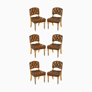 Antique Regency Leather Pollard Oak Chesterfield Dining Chairs, 1820, Set of 6