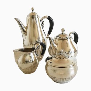 Sterling Silver #45 Cosmos Coffee and Tea Pot with Creamer & Sugar from Georg Jensen, 1930s, Set of 4