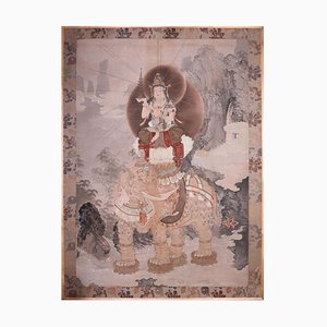 Large Japanese Devotional Silk Panel of Buddha Seated on an Elephant