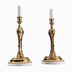 French Neo Classical Ormolu, Gilt Bronze, Marble Table Lamp Candlesticks, Set of 2