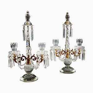 19th Century Tall Cut Glass and Gilt Metal Table Lustre Candelabras, Set of 2