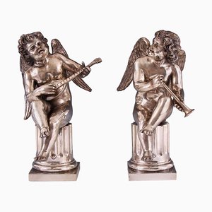 Chérubins Musicaux Louis XV en Bronze Argenté, 18ème Siècle, Set de 2