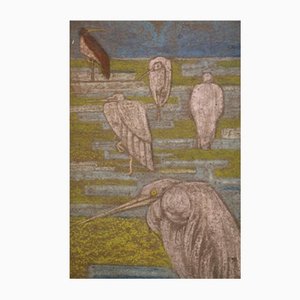 French Artist, Birds, 1920s, Pastel on Wallpaper