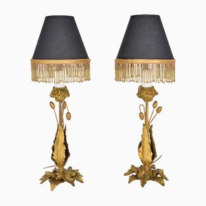 Early 20th Century Black Gold Poppy Head Leaf Gilt Metal Bedside Lamps, Set of 2