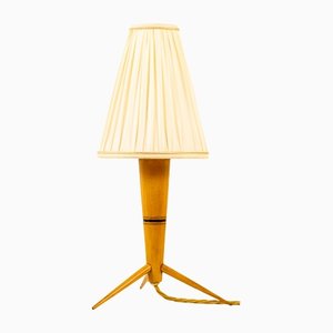 Lampada da tavolo in legno con paralume in tessuto, anni '50