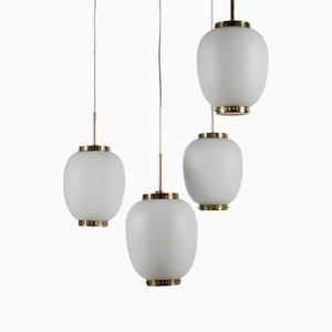 Lampada in vetro opalino e ottone di Bent Karlby per Lyfa, anni '60, set di 4