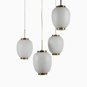 Opaline Glass and Brass Pendant Lamp by Bent Karlby for Lyfa, 1960s, Set of 4