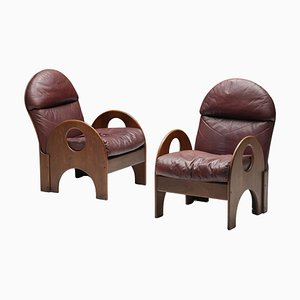 Walnut and Burgundy Leather Arcata Easy Chairs attributed to Gae Aulenti for Poltronova, 1968, Set of 2