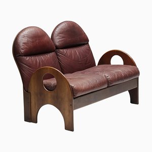 Walnut and Burgundy Leather Love Seat Arcata attributed to Gae Aulenti for Poltronova, 1968