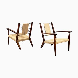Mid-Century Modern Italian Beige Rope and Dark Wood Armchairs, 1960s, Set of 2