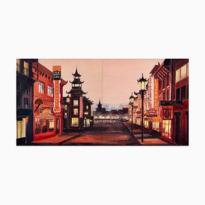 French School Artist, Chinatown in San Francisco at Twilight, 1950s, Ink & Gouache, Framed