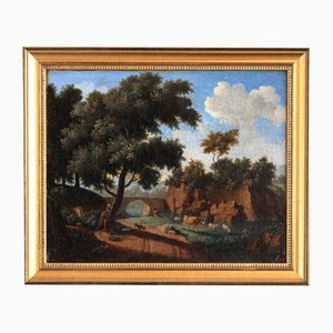 Scuola francese, paesaggio arcadico con ponte e animali, fine XVIII secolo, con cornice