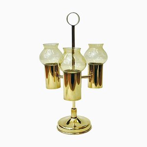 Norwegian Brass Candleholder with Three Arms and Amber Colored Shades, 1960s