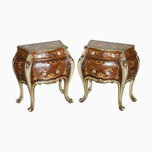 French Marquetry Inlaid Walnut & Marble Bedside Tables with Drawers, Set of 2
