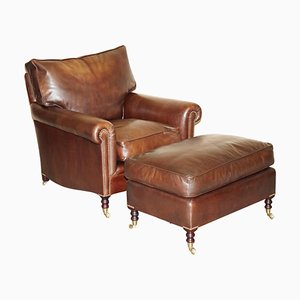 Brown Leather Armchair & Ottoman from George Smith Chelsea, Set of 2