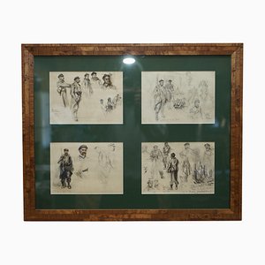 Charles Dominique Fouquerary, WWI Soldiers, 1914, Watercolors, Framed, Set of 4