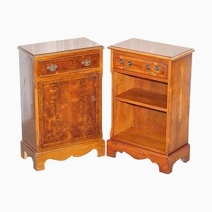 Vintage Burl Yew Wood Bedside Cupboards with Drawers, Set of 2