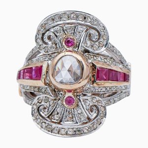 14 Karat Rose Gold and Silver Ring with Rubies and Diamonds, 1970s