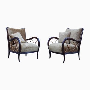 Italian Armchairs in Walnut and Golden Velvet by Paolo Buffa, 1940s, Set of 2