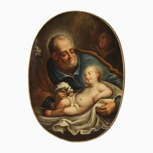 Italian Artist, St. Joseph with the Child, 18th Century, Oval Oil on Canvas Painting, Framed
