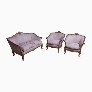 Venetian Golden Damask Carving Sofa and Armchairs, 1940s, Set of 3