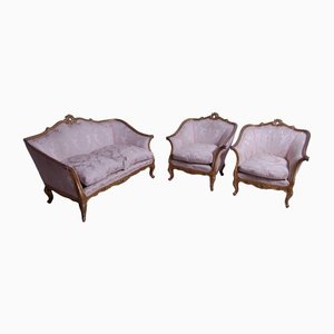 Venezianisches Carving Sofa und Sessel aus goldenem Damast, 1940er, 3er Set
