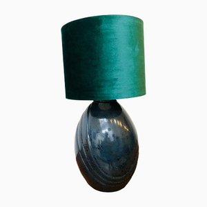 Vintage Green Velvet Screen Ceramic Lamp, 1980s