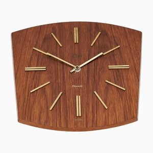 Orologio da parete Mid-Century moderno in teak e ottone di Elexacta Schatz, Germania, anni '60