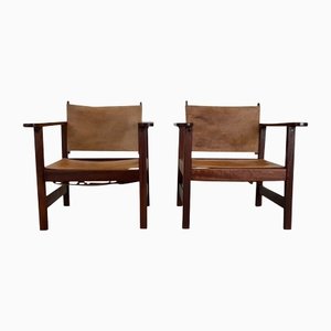 Danish Safari Armchair in Leather and Wood, 1970s, Set of 2