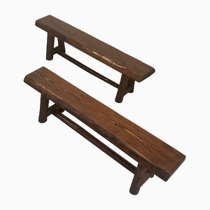 French Brutalist Benches in Oak, 1970s, Set of 2