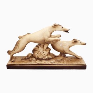 Large Art Deco Greyhounds Sculpture in Earthenware by C. Lemanceau, 1930s