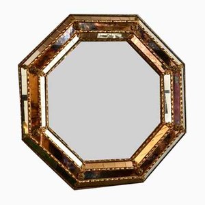 Vintage Wooden and Bronze Wall Octagonal Mirrors, Set of 2
