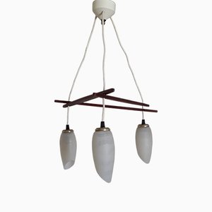 Skandinavische Deckenlampe mit 3 Leuchten aus Teak & Glasschirm, 1960er,