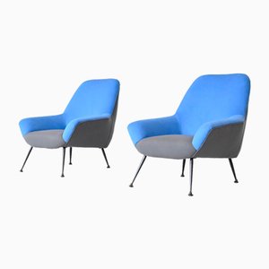 Italian Lounge Chairs in Blue and Grey Felt, Italy, 1950, Set of 2