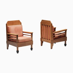 Art Deco Pine and Leather Club Chairs, Europe, 1960s, Set of 2