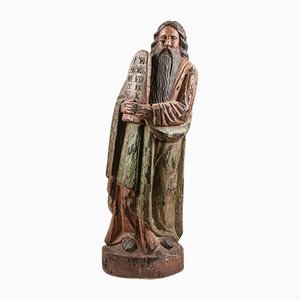 18th Century Polychrome Wooden Statue Depicting Moses Holding the Commandments