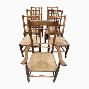 Antique Elm and Rush Seated Ladderback Dining Chairs, 1860s, Set of 7