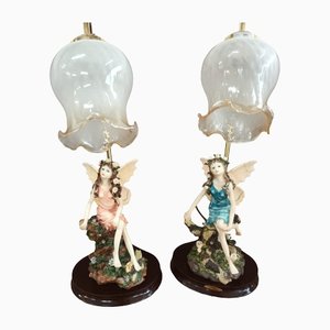 Vintage Table Lamps Fairy Nymph Academy + Glass Bluebell Lampshade Art Deco, 1980s