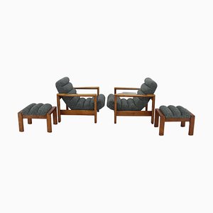 Oak Armchairs with Stools, Finland, 1960s, Set of 4