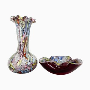 Vaso da fiori in vetro artistico e posacenere di A.VE.M glassworks, Italia, anni '70, set di 2