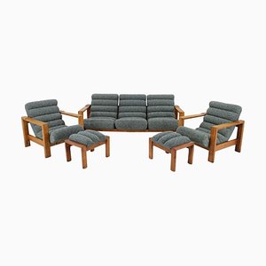 Oak Sofa, Armchairs and Ottomans, Finland, 1960s, Set of 5