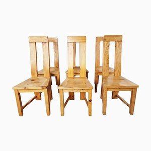 Pine Wood Highback Dining Chairs, 1970s, Set of 6
