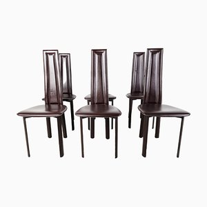 Chaises de Salle à Manger Vintage en Cuir Marron, 1980s, Set de 6