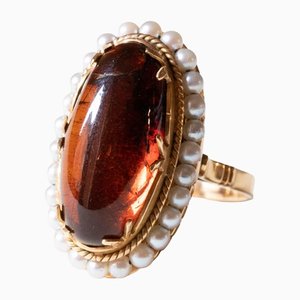 18 Karat Gold Ring with Amber and Beads, 1950s