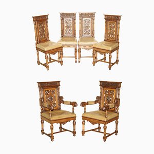 Gothic Revival Hand Carved Walnut and Brown Leather Dining Chairs, Set of 6