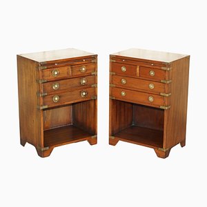 Vintage Military Campaign Bedside Tables with Drawers and Butlers Serving Tray, Set of 2