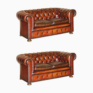 Antique Gentlemans Chesterfield Sofas in Brown Leather, Set of 2
